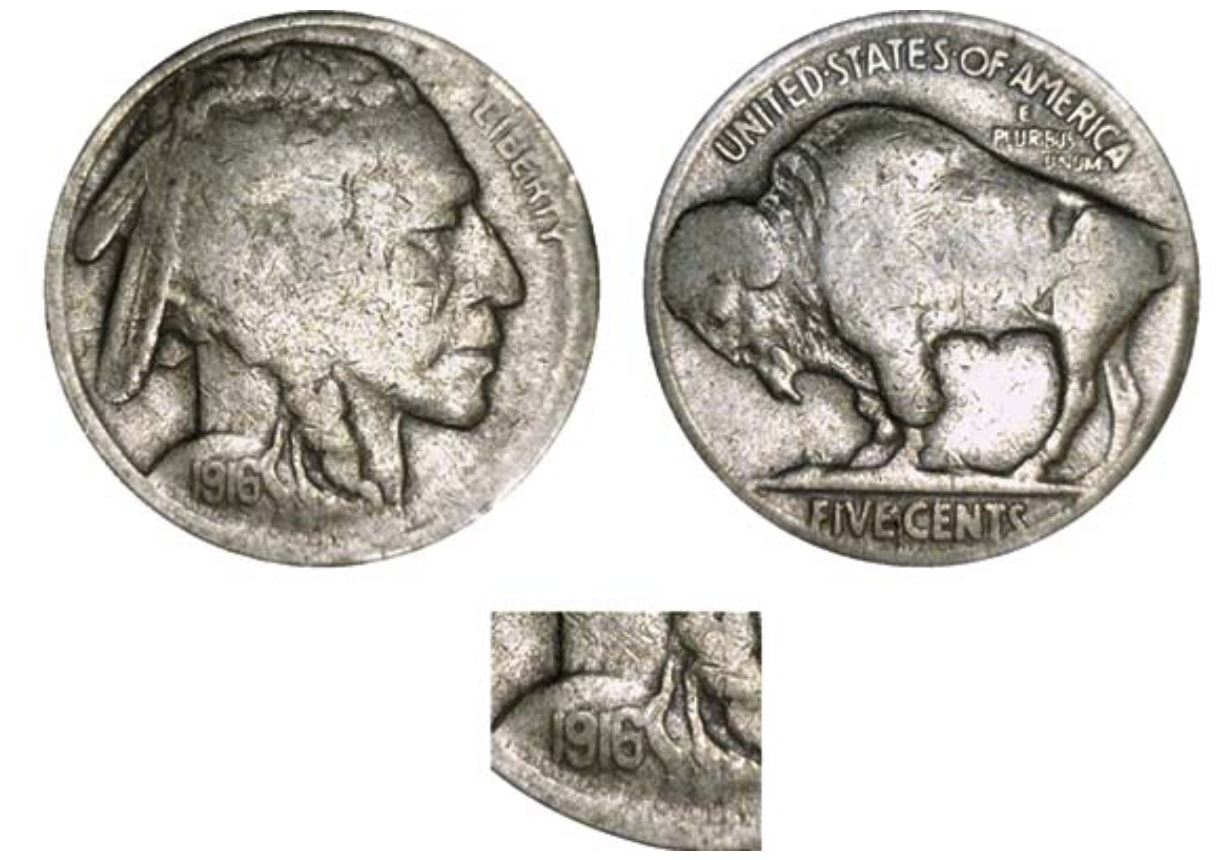 1916-S-5c-Buffalo-Nickel-With-No-Initial-Under-Date-&-Large-Embedded-MM